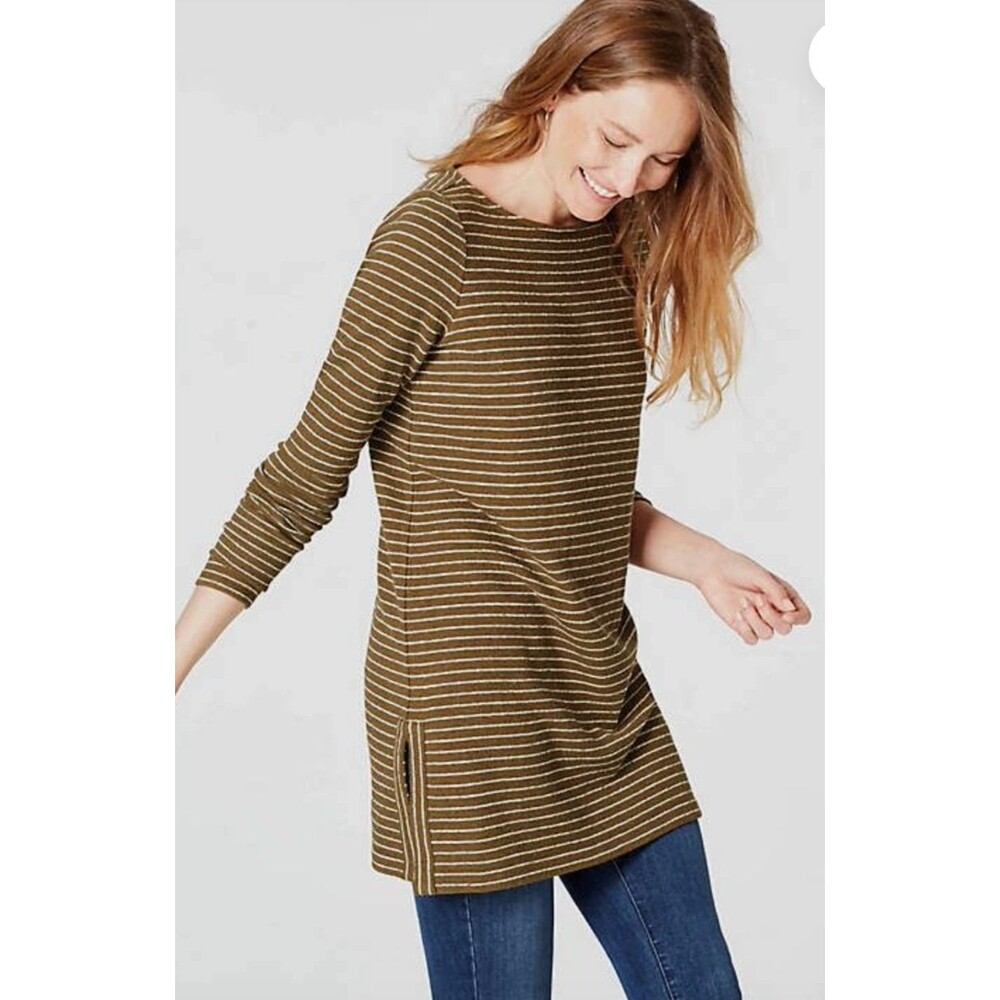 J.Jill Women's Excellent Textured Striped Knit Tunic Top Neutral Earth Tone Sz M